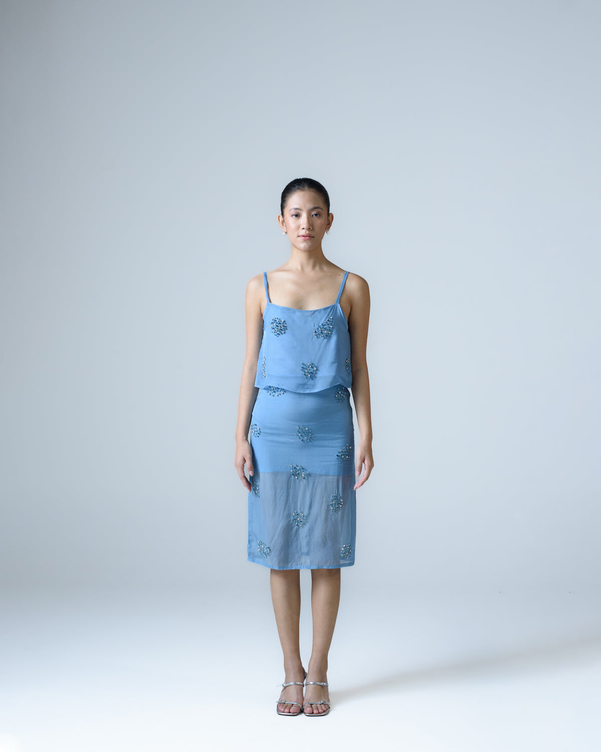 Hand-embellished strappy organza top