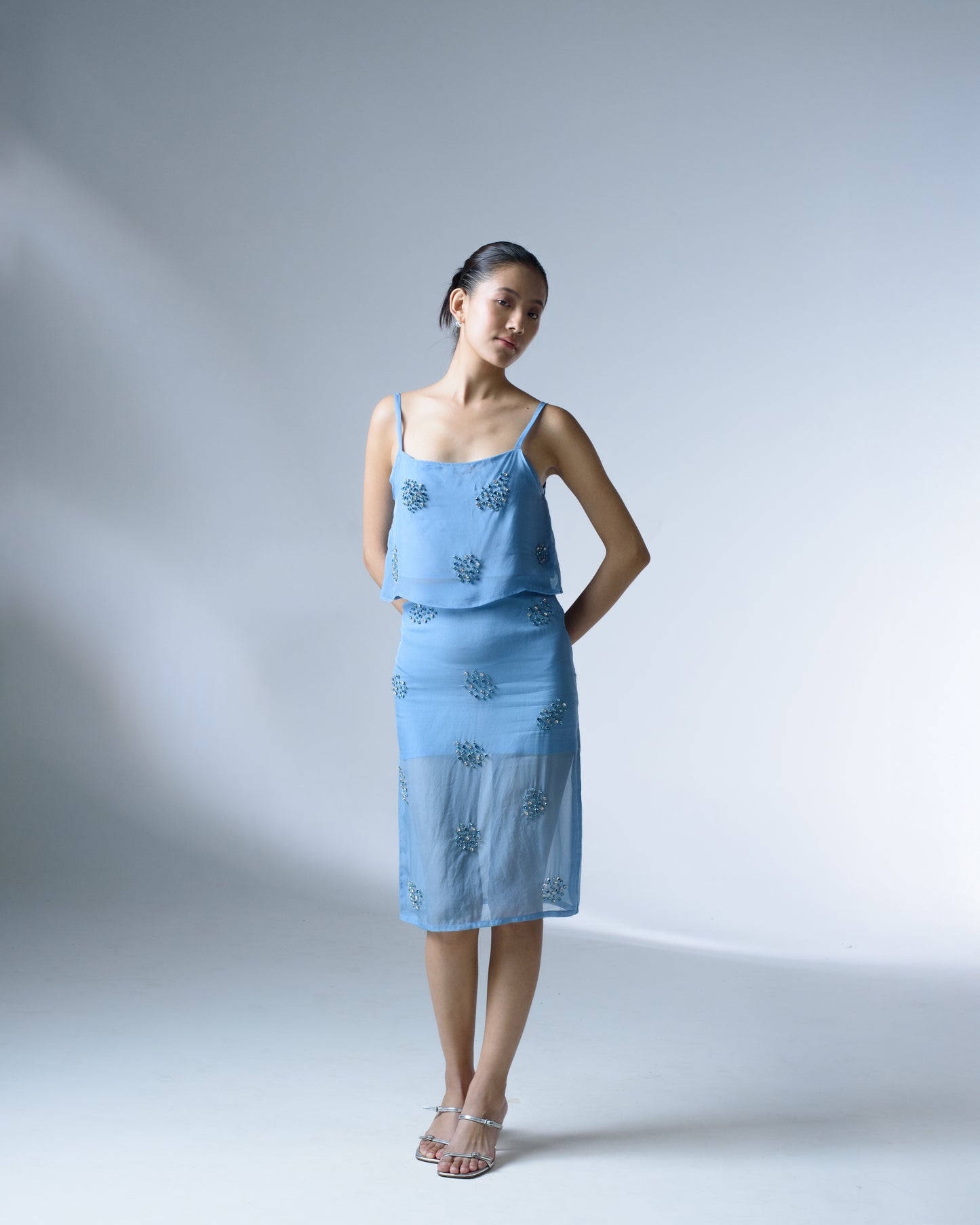 Hand-embellished strappy organza top