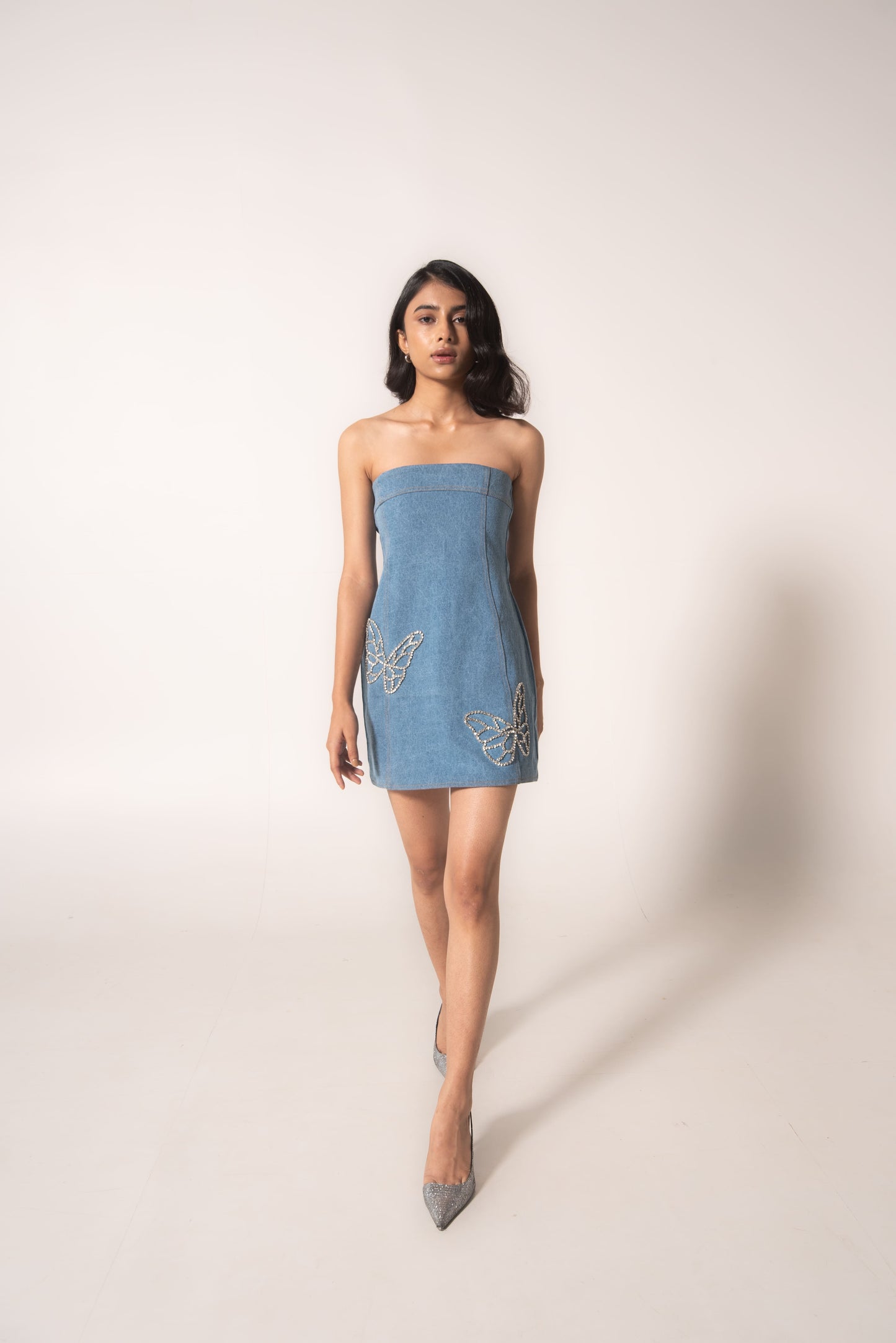 Off-shoulder denim mini with butterflies