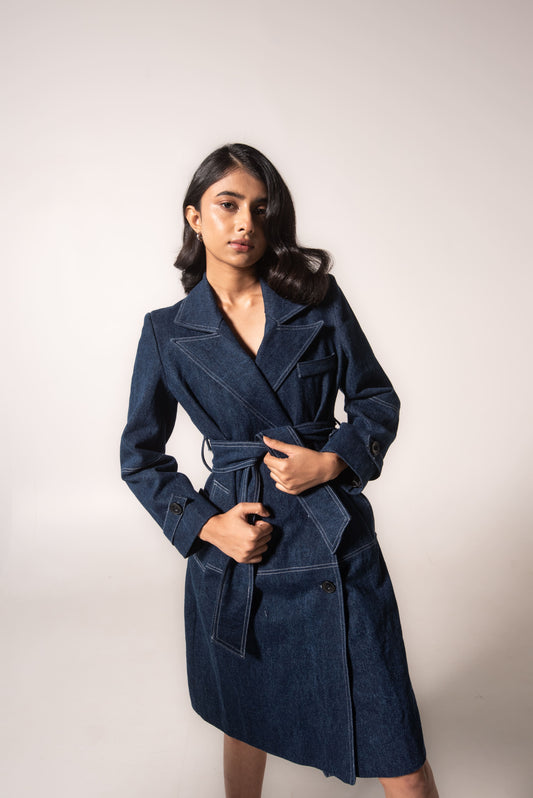 Long denim trench coat