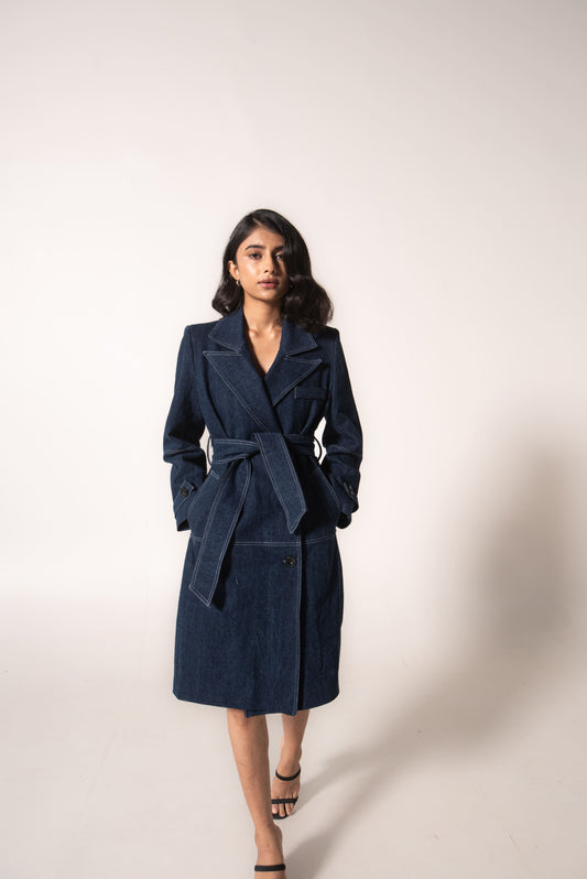 Long denim trench coat