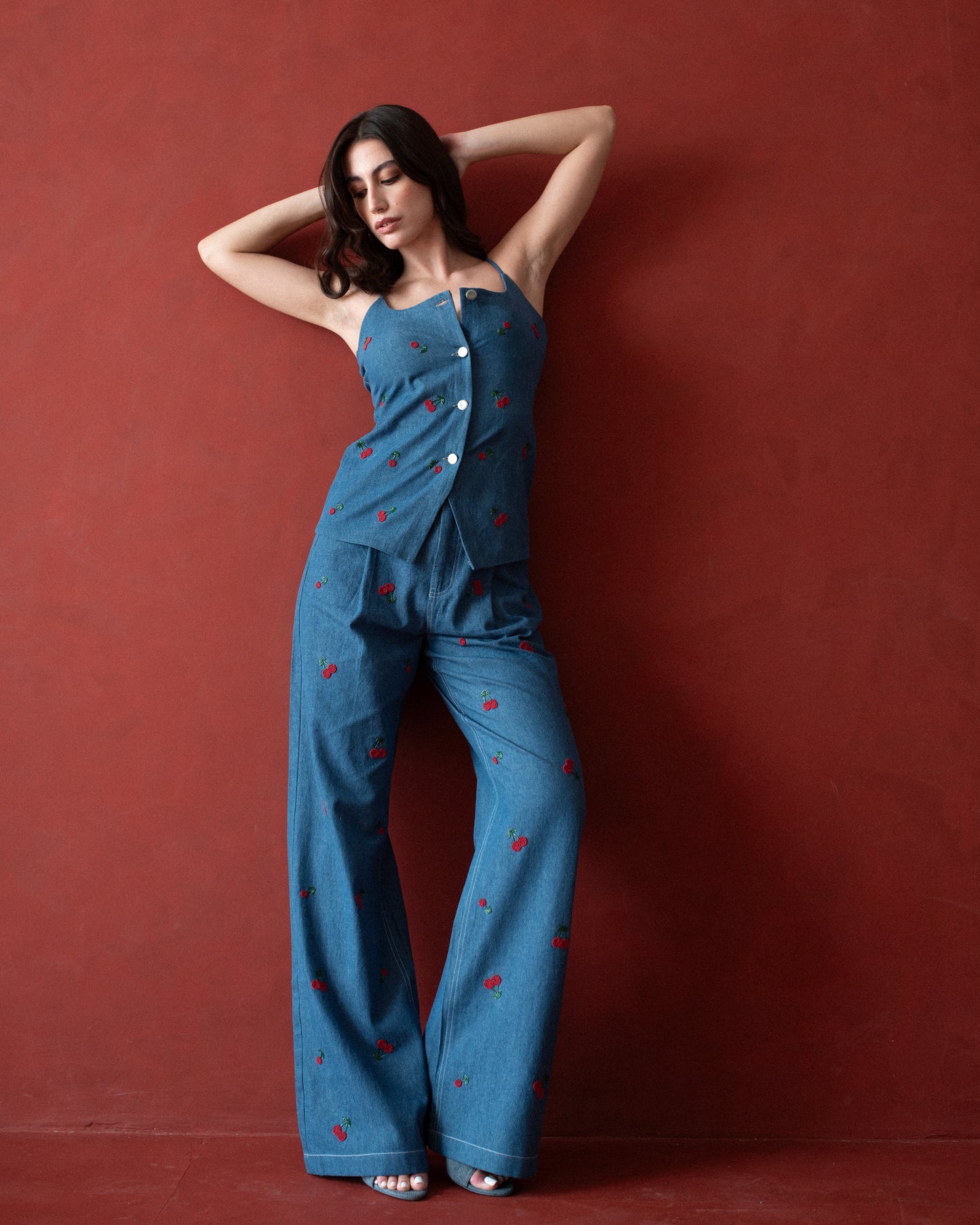 Cherry embroidered shoulder straps top