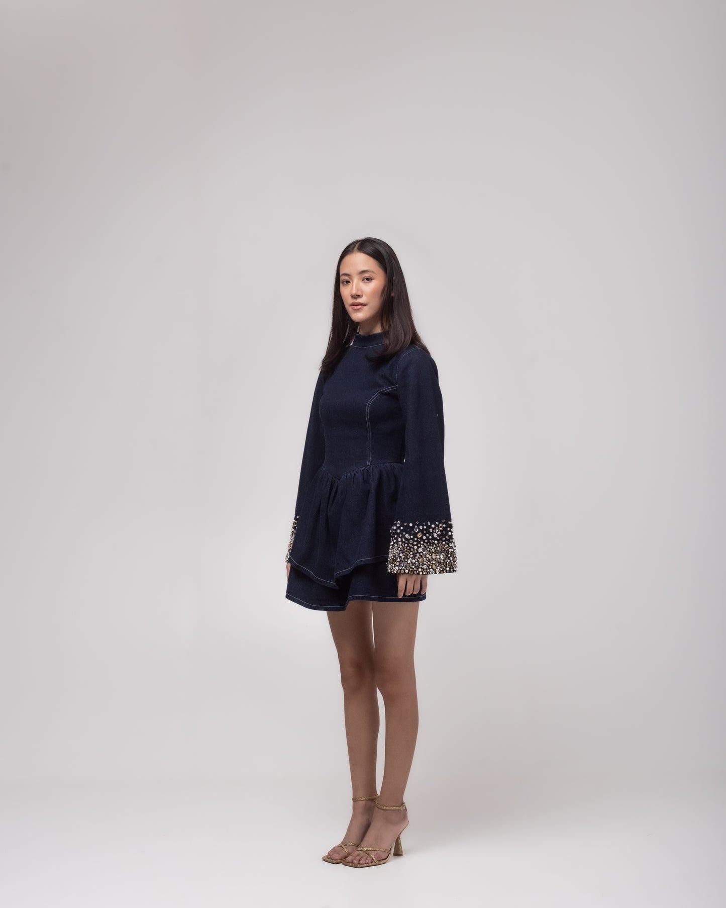 Denim mini dress with flared sleeves