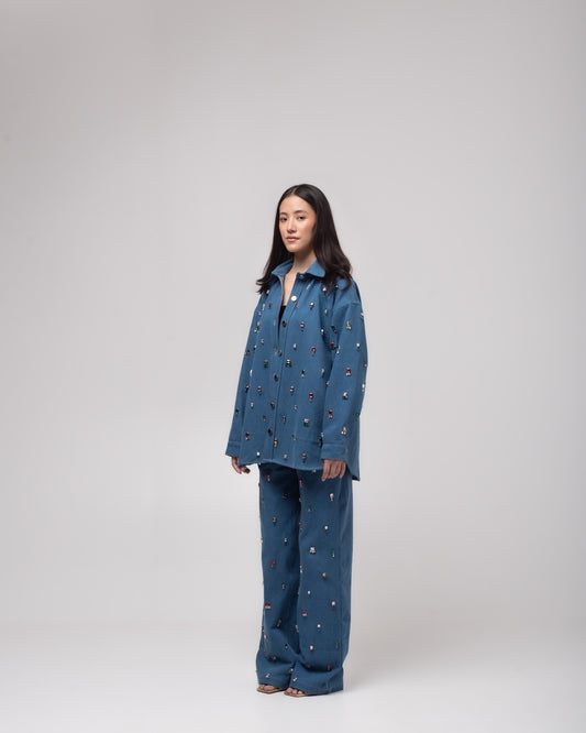 High-waisted straight denim jeans with multi-colour embellishing