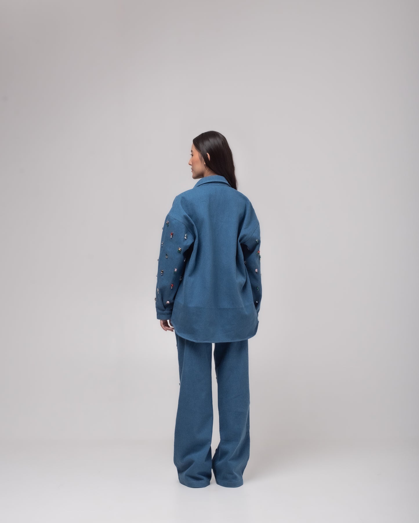 High-waisted straight denim jeans with multi-colour embellishing
