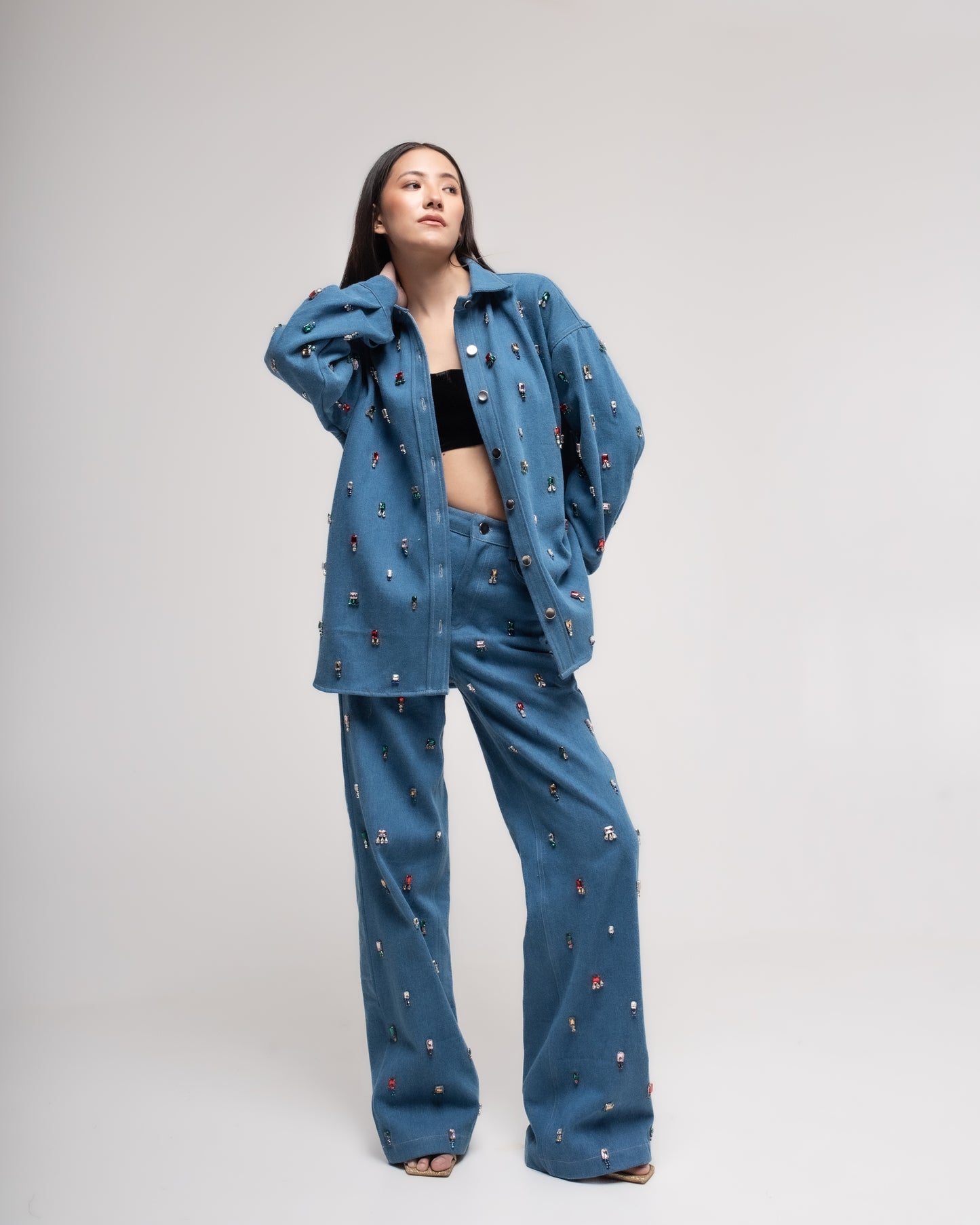 High-waisted straight denim jeans with multi-colour embellishing