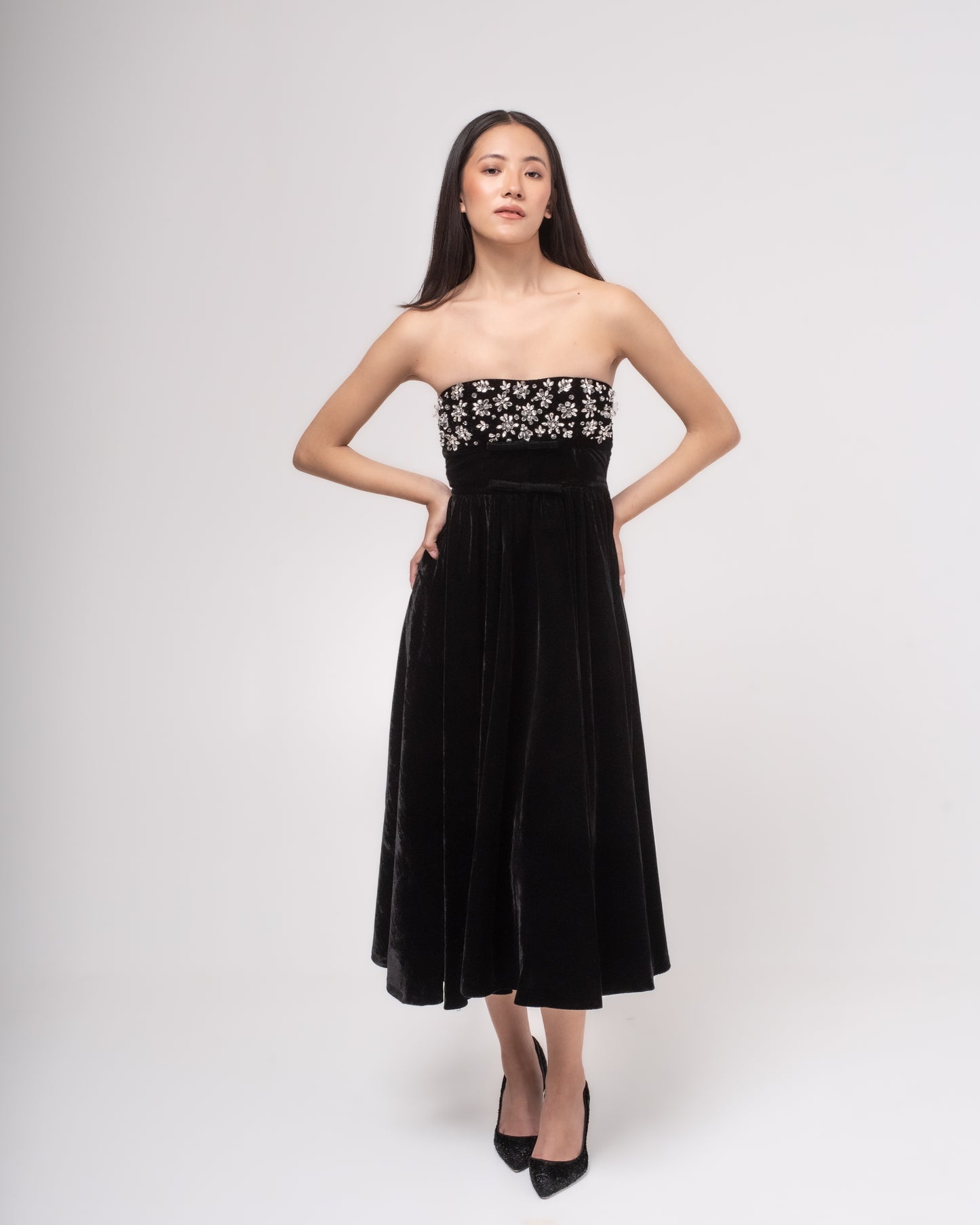 Off-shoulder flared silk-velvet midi dress