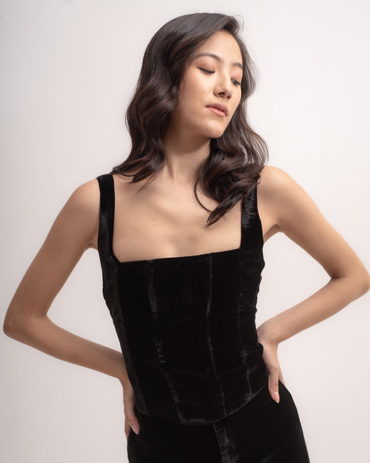 Silk-velvet tie back corset top