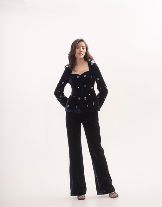 Silk-velvet sweetheart neckline blazer with embellishments