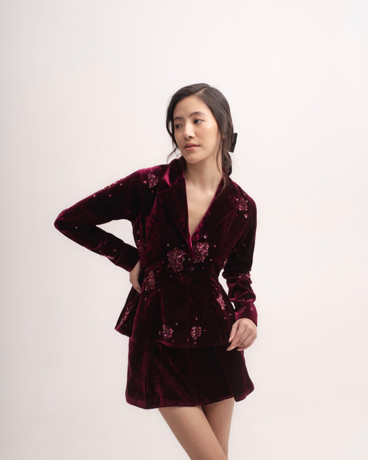 Silk-velvet peplum blazer with sequin embellishing
