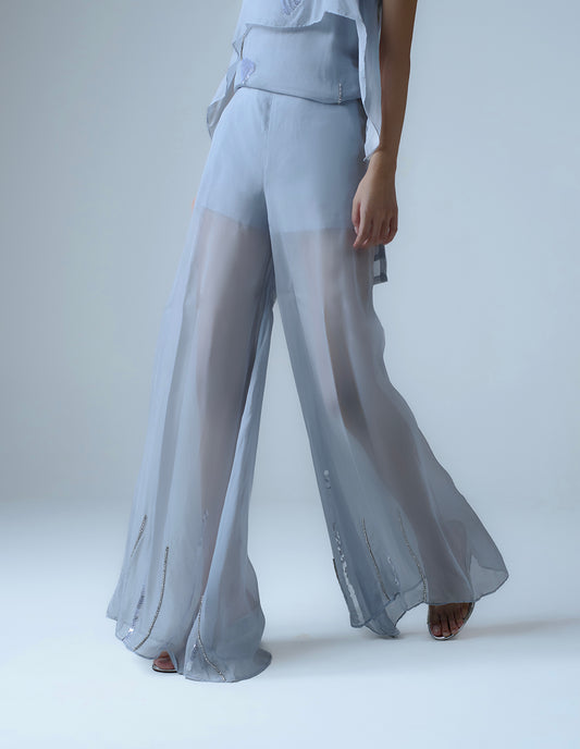 Hand-embellished organza flared pants