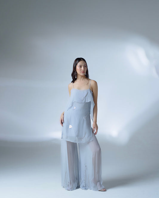 Hand-embellished organza flared pants