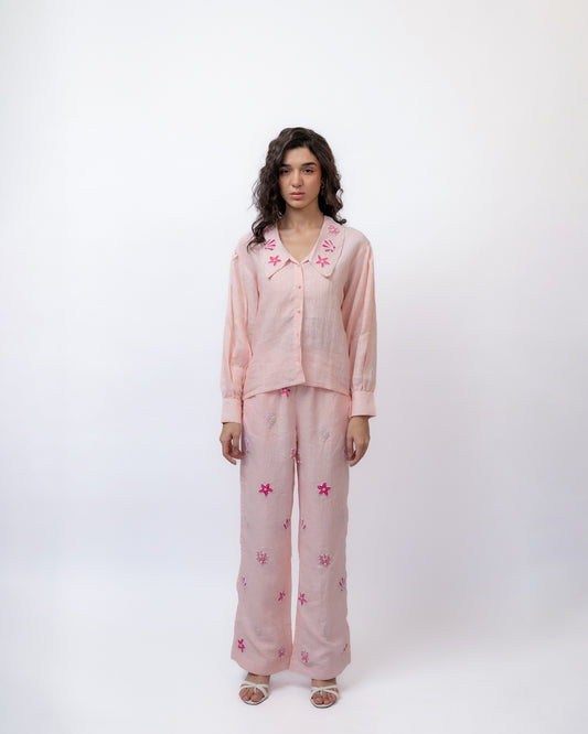 100% linen puff-sleeve hand-beaded collar shirt & pants co-ord
