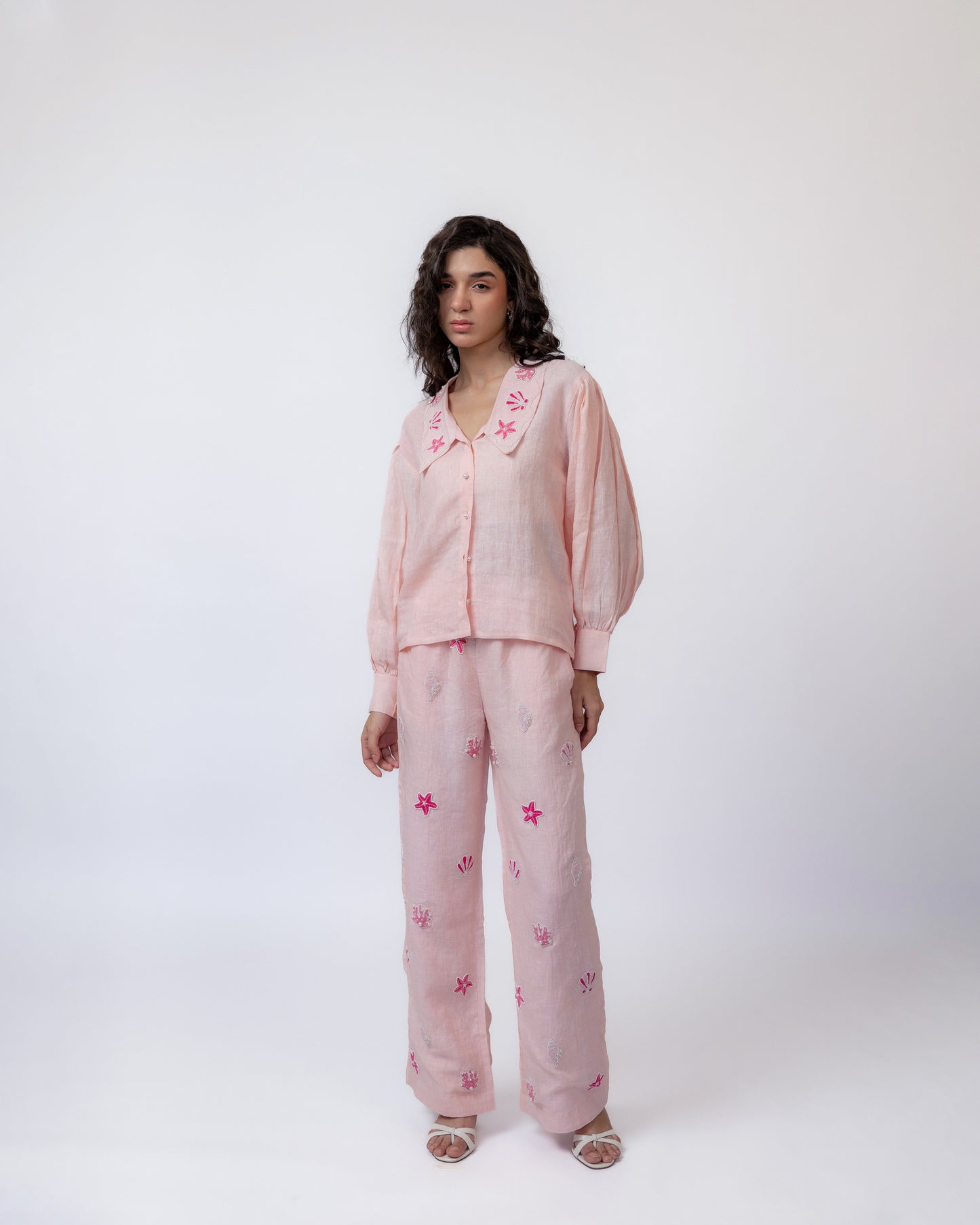 100% linen puff-sleeve hand-beaded collar shirt