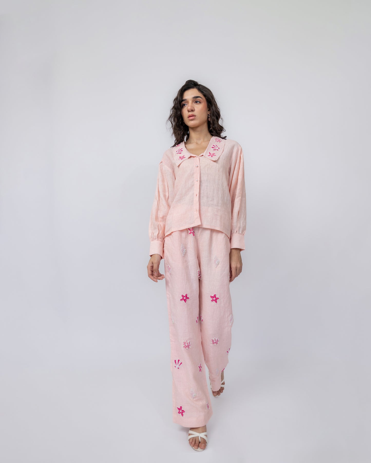 100% linen puff-sleeve hand-beaded collar shirt