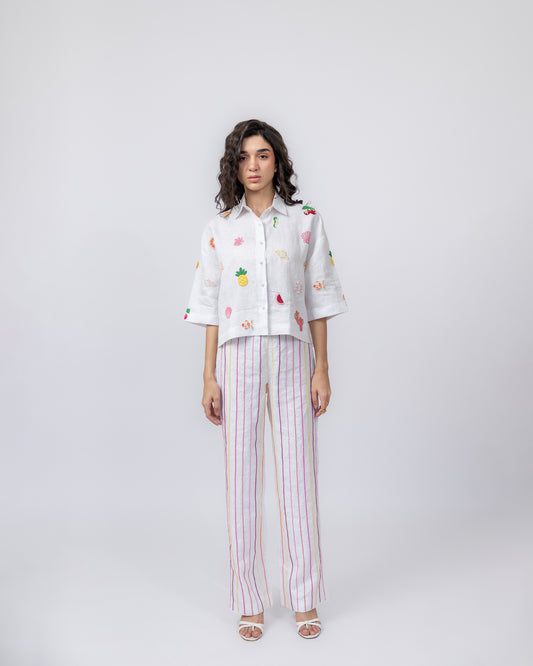 100% Linen multi-colour hand beaded striped trousers