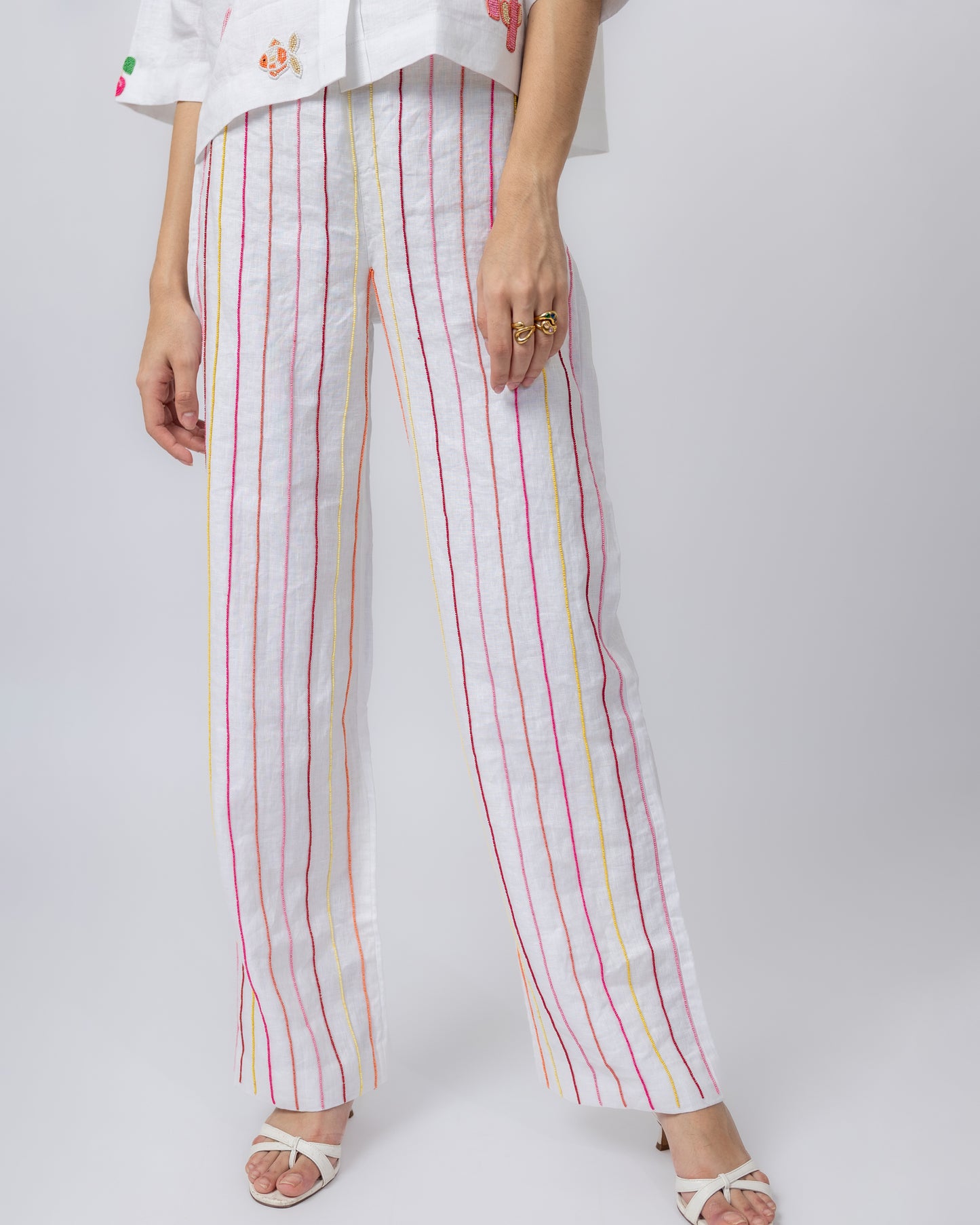 100% Linen multi-colour hand beaded striped trousers