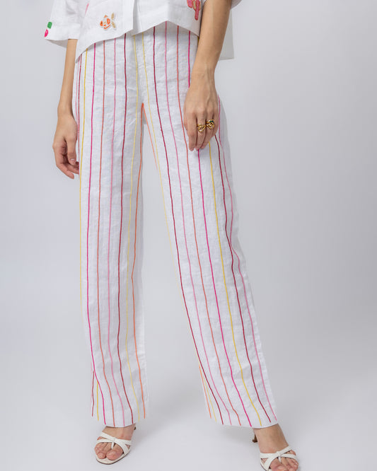 100% Linen multi-colour hand beaded striped trousers