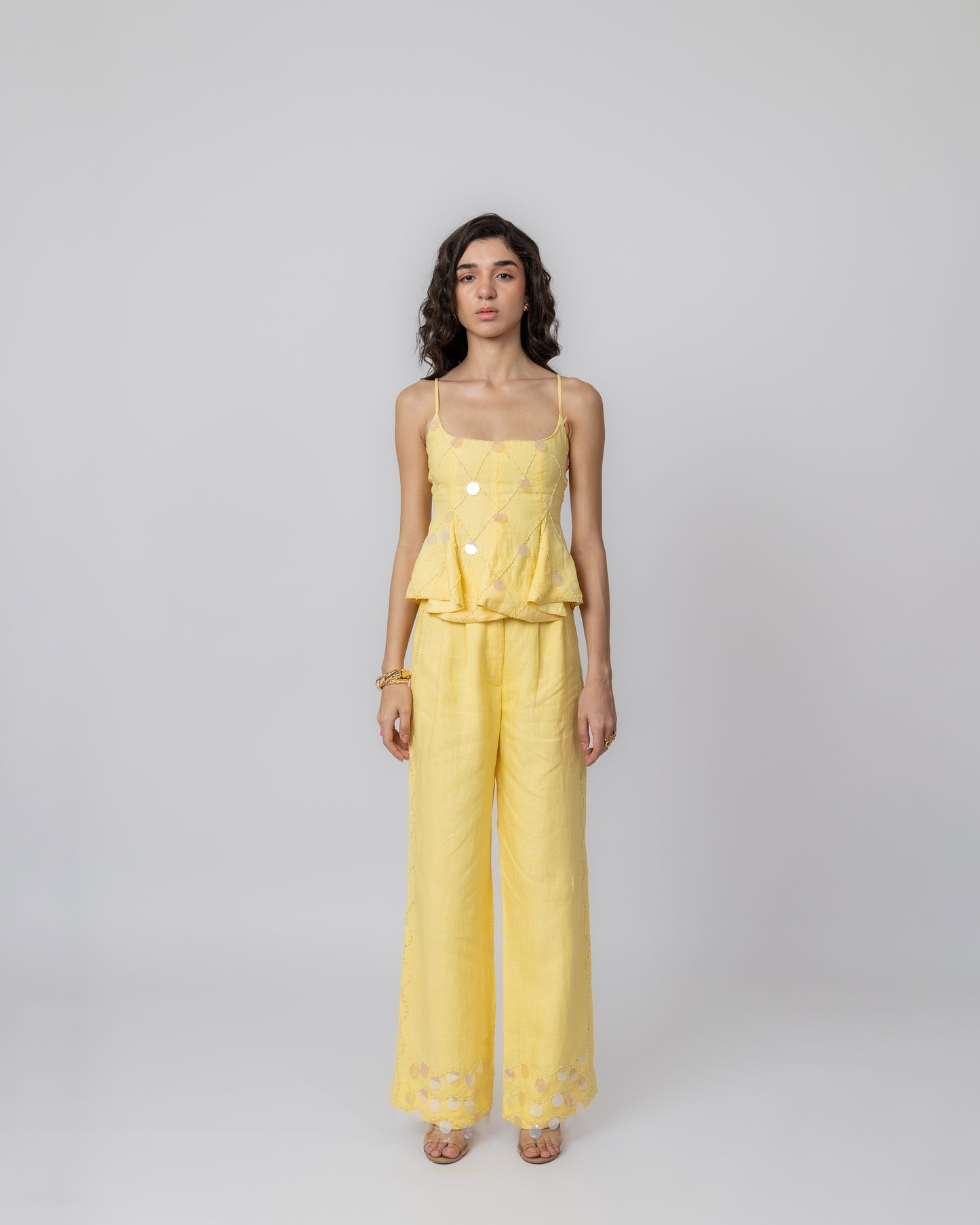 100% Linen wide-leg trousers with sequin hem