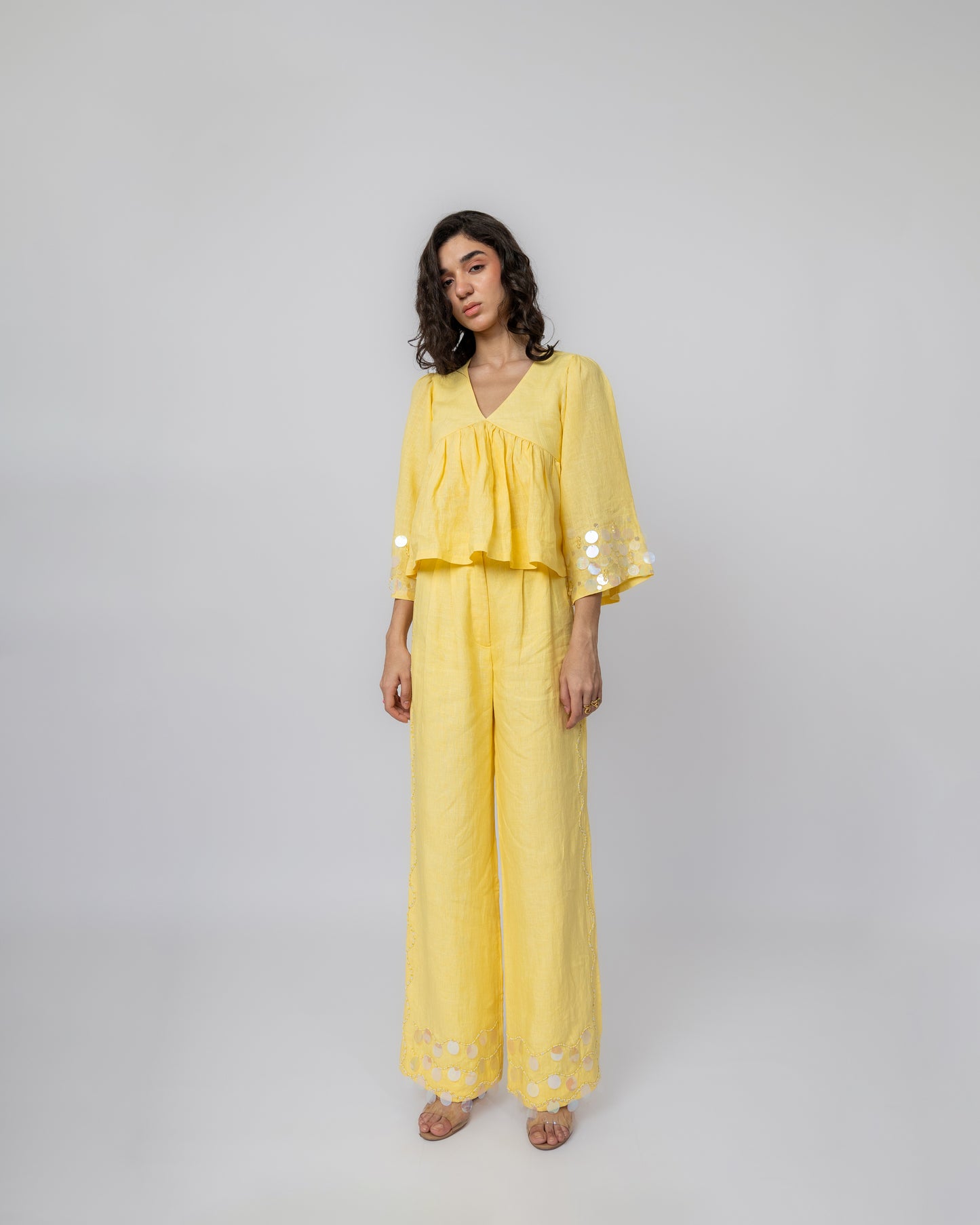 100% Linen wide-leg trousers with sequin hem
