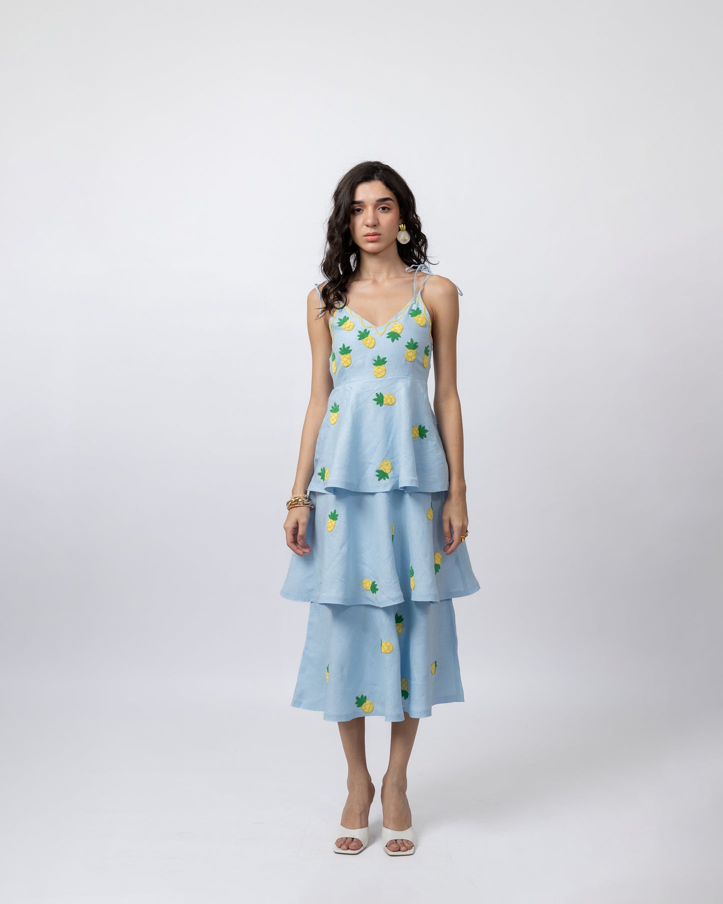 100% linen hand-beaded midi ruffle dress