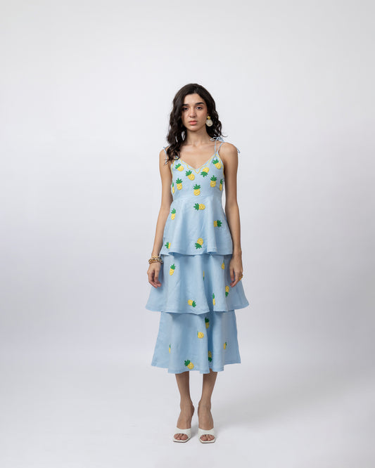 100% linen hand-beaded midi ruffle dress
