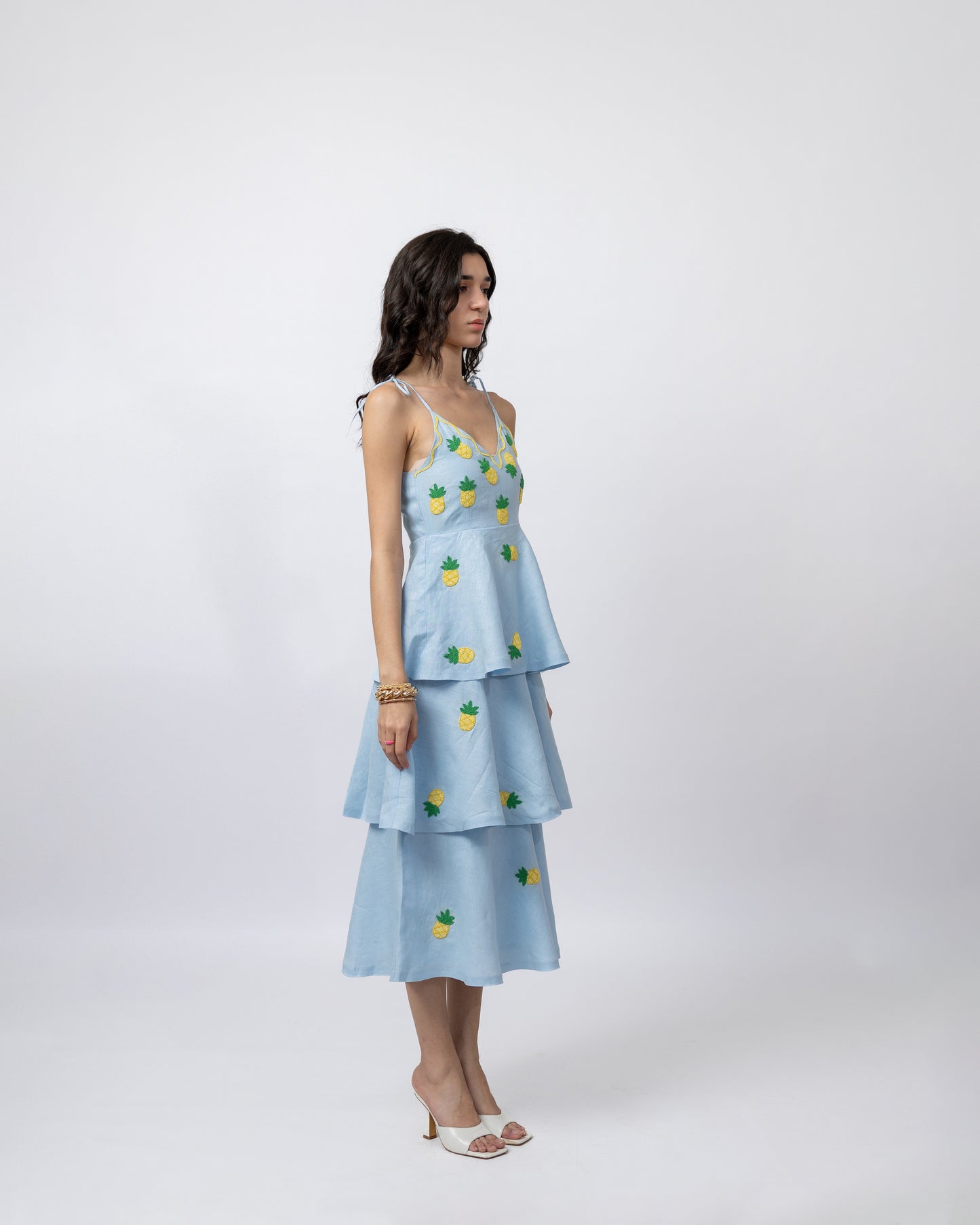 100% linen hand-beaded midi ruffle dress