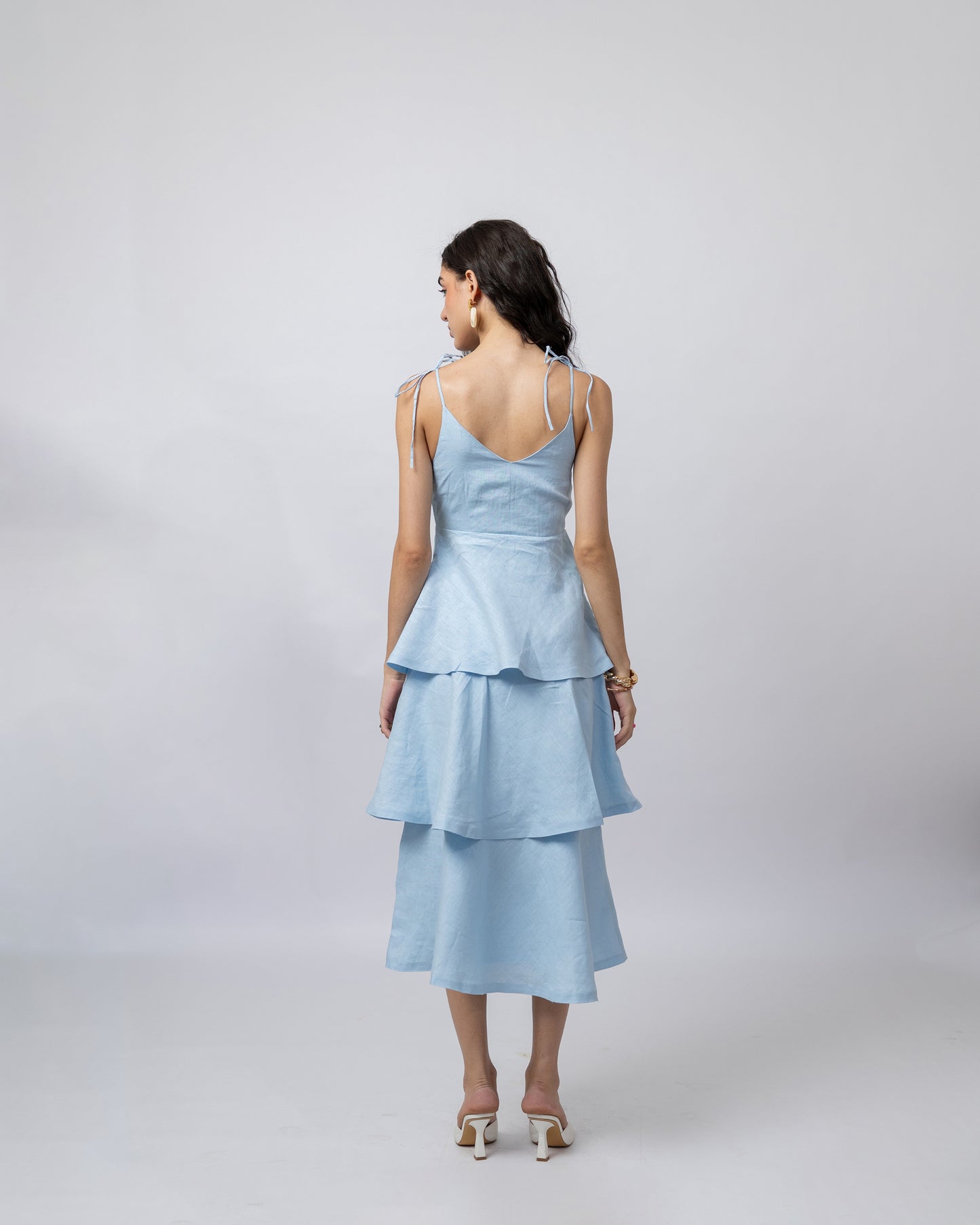100% linen hand-beaded midi ruffle dress