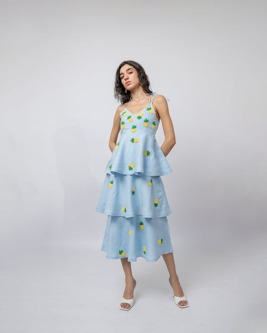 100% linen hand-beaded midi ruffle dress
