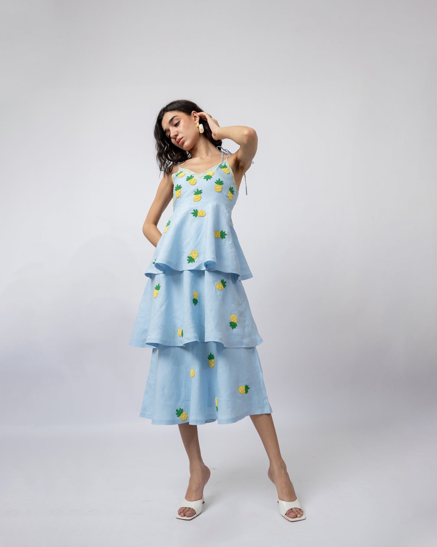100% linen hand-beaded midi ruffle dress
