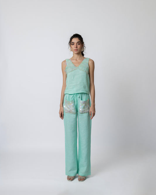 100% linen trousers with sequin pocket