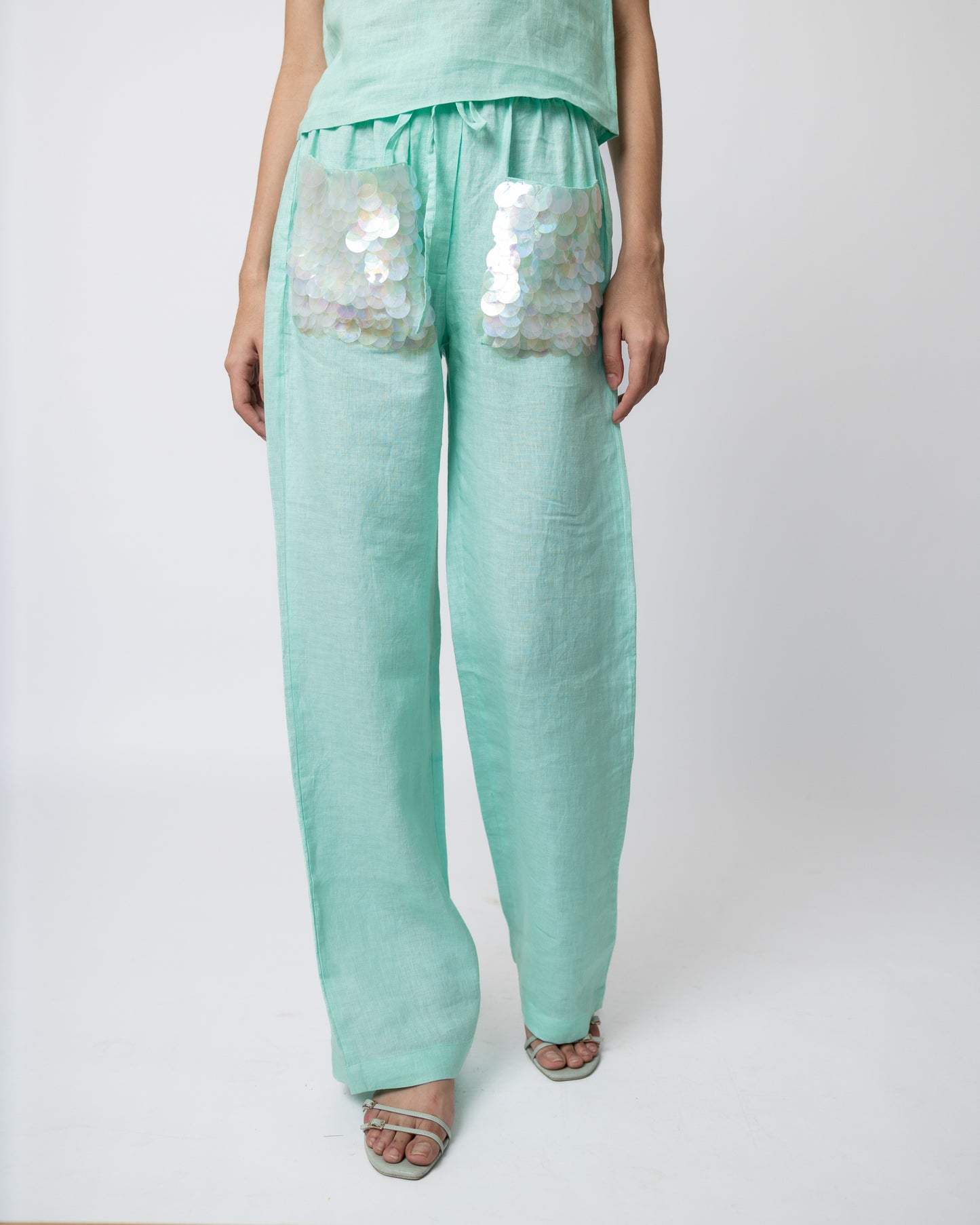 100% linen sequin top & trousers with sequin pocket co-ord