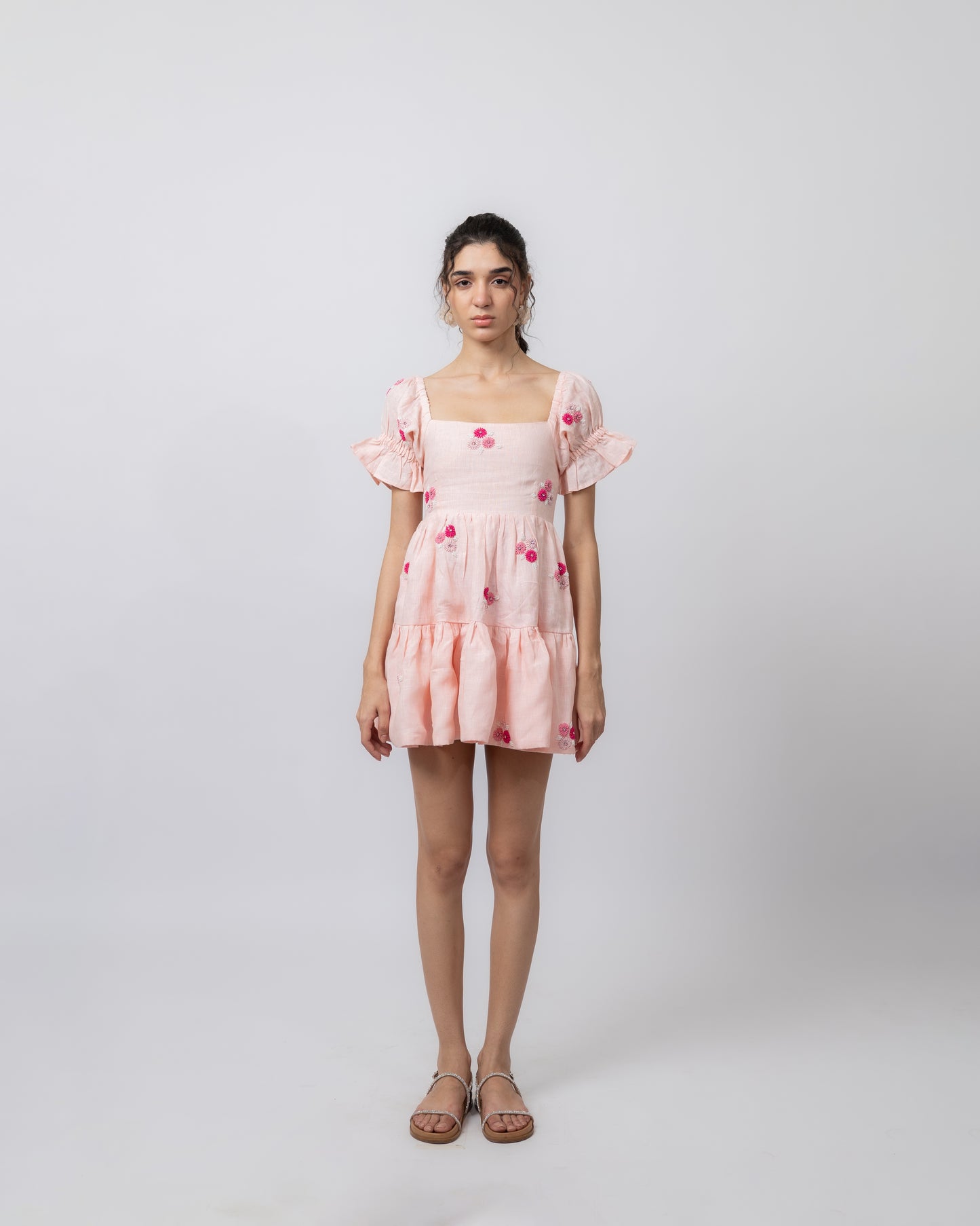 100% linen hand-beaded puff-sleeved mini dress