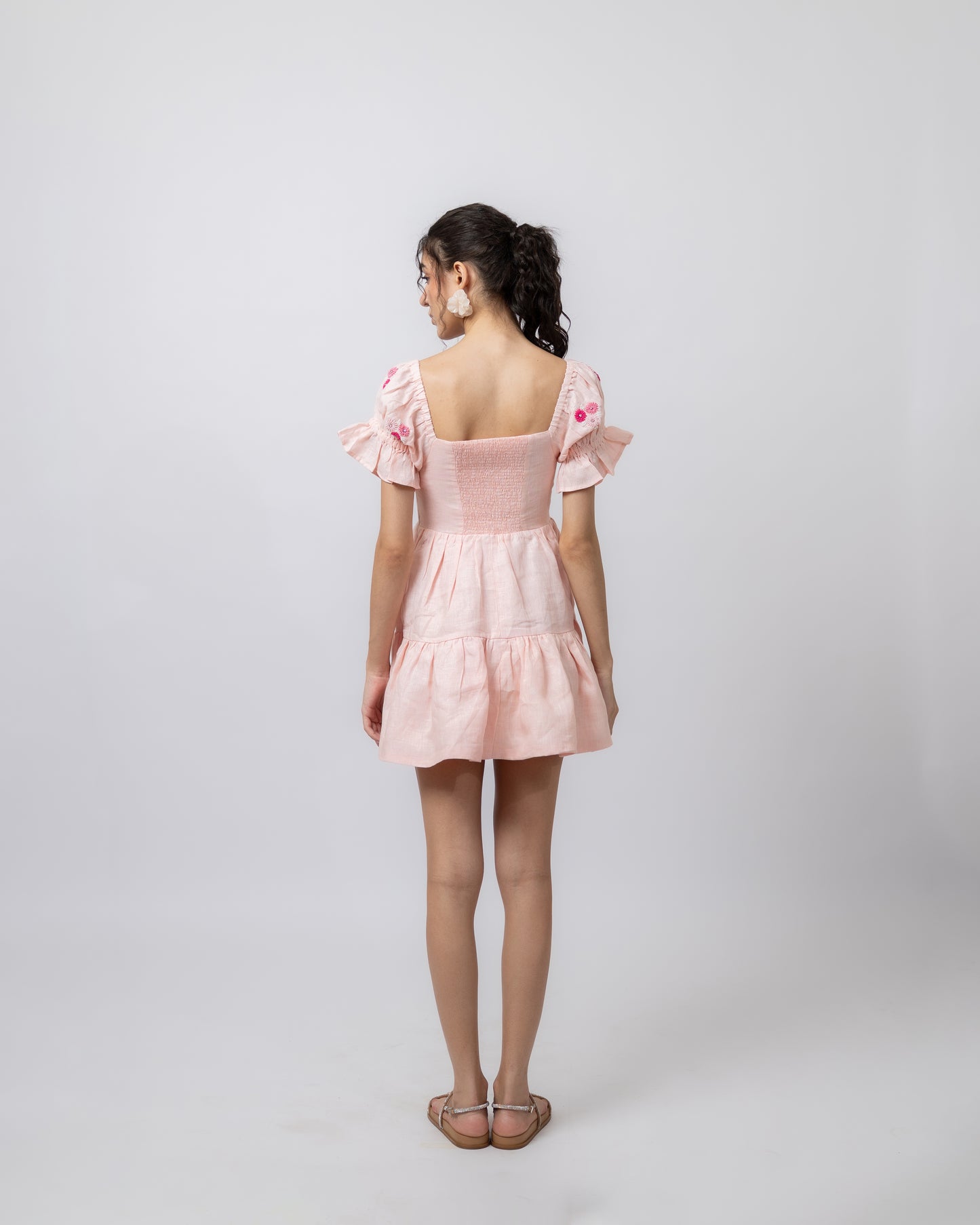 100% linen hand-beaded puff-sleeved mini dress