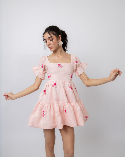 100% linen hand-beaded puff-sleeved mini dress