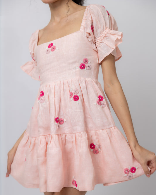 100% linen hand-beaded puff-sleeved mini dress