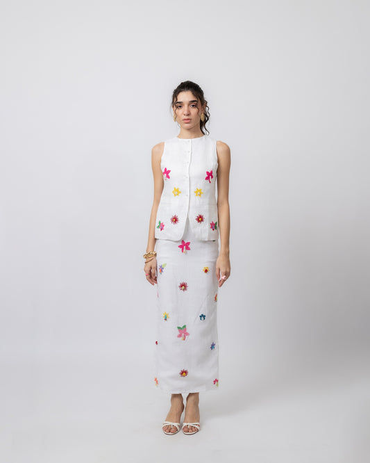 100% linen midi skirt with floral hand embroidery