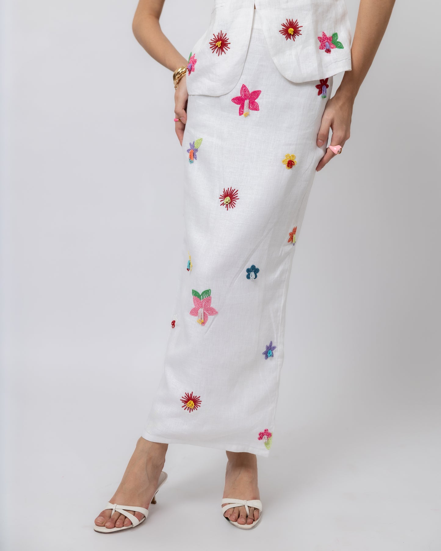 100% linen waistcoat with floral hand embroidery & midi skirt co-ord