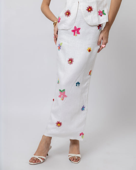 100% linen midi skirt with floral hand embroidery