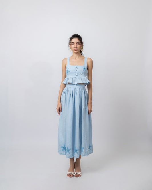 100% linen hand beaded flared midi skirt