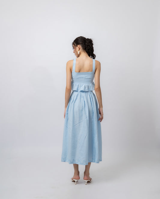 100% linen hand-beaded ruffle top & flared midi skirt co-ord