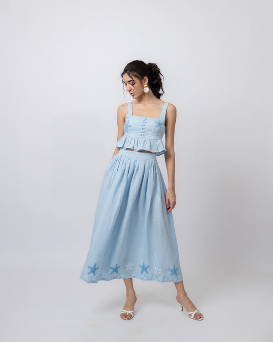 100% linen hand-beaded ruffle top & flared midi skirt co-ord
