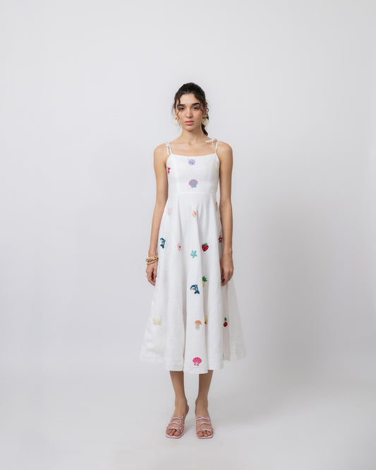 100% linen hand-beaded flared midi dress