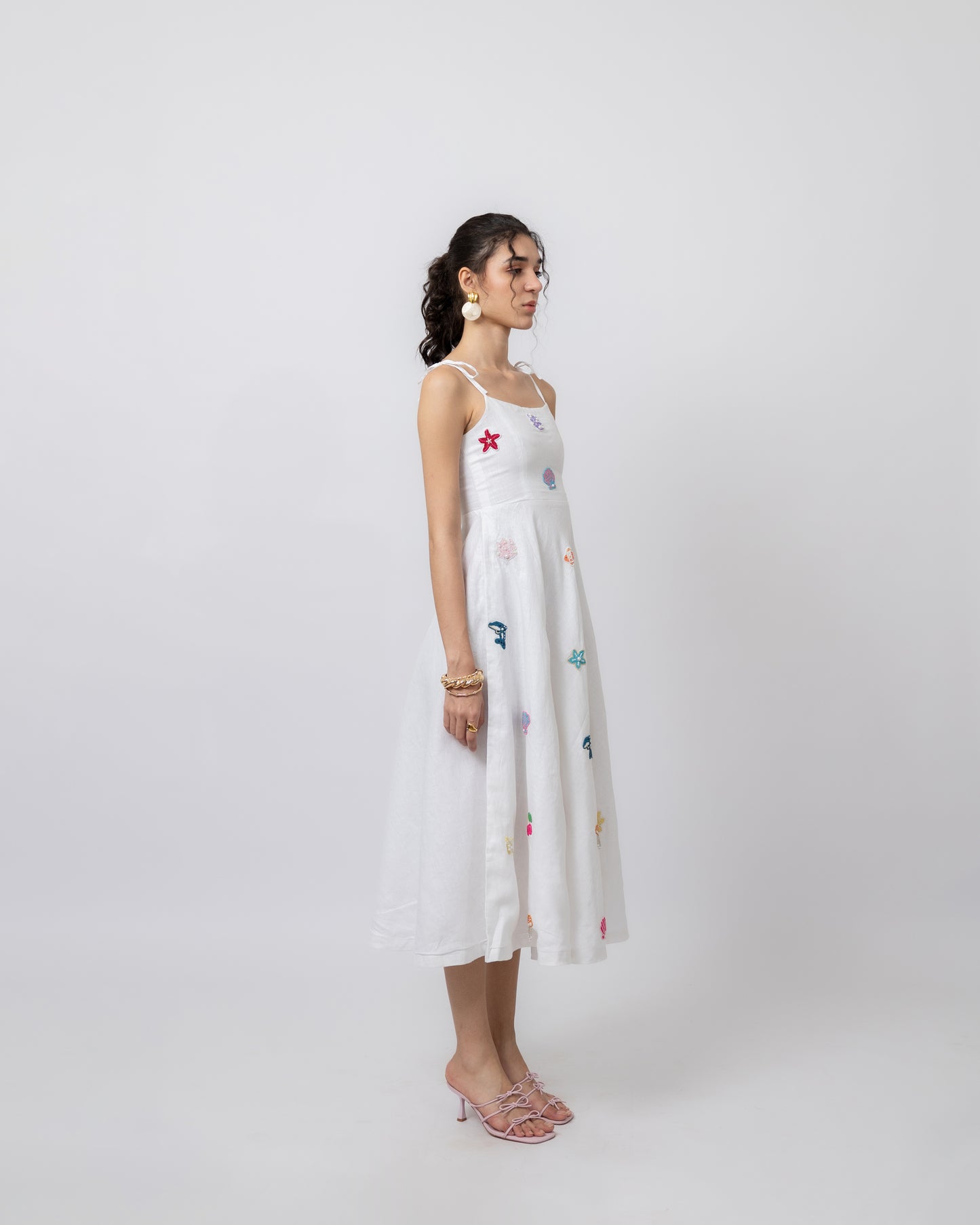 100% linen hand-beaded flared midi dress