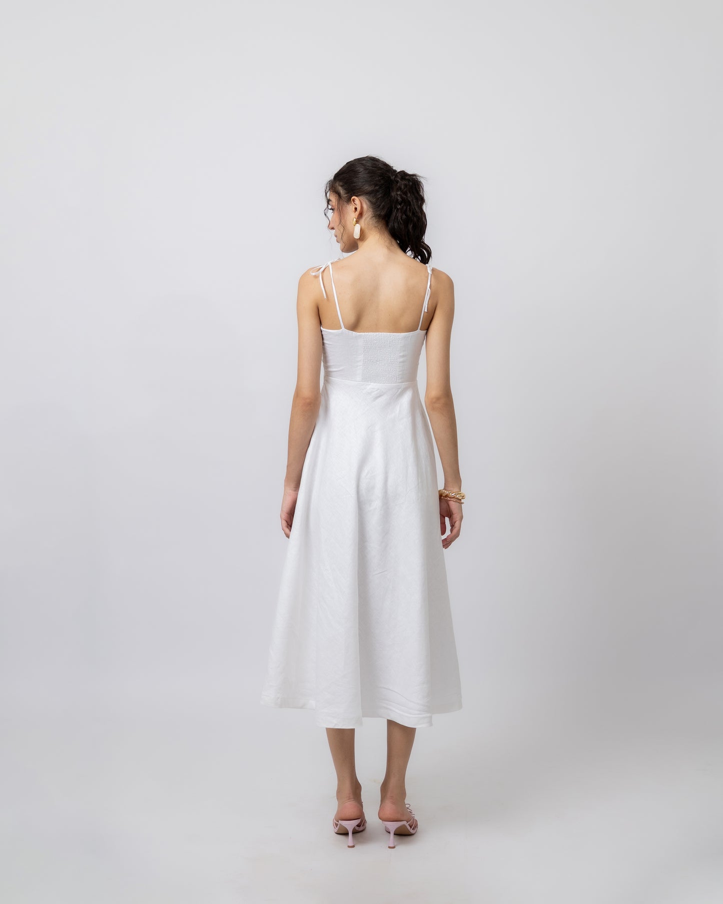 100% linen hand-beaded flared midi dress