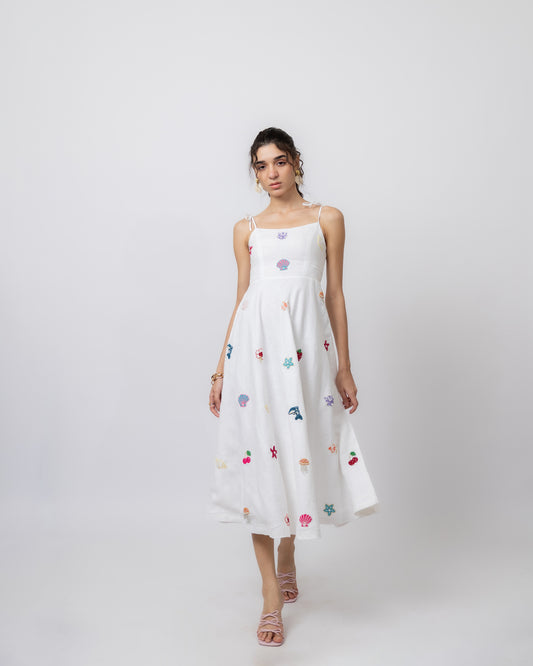 100% linen hand-beaded flared midi dress