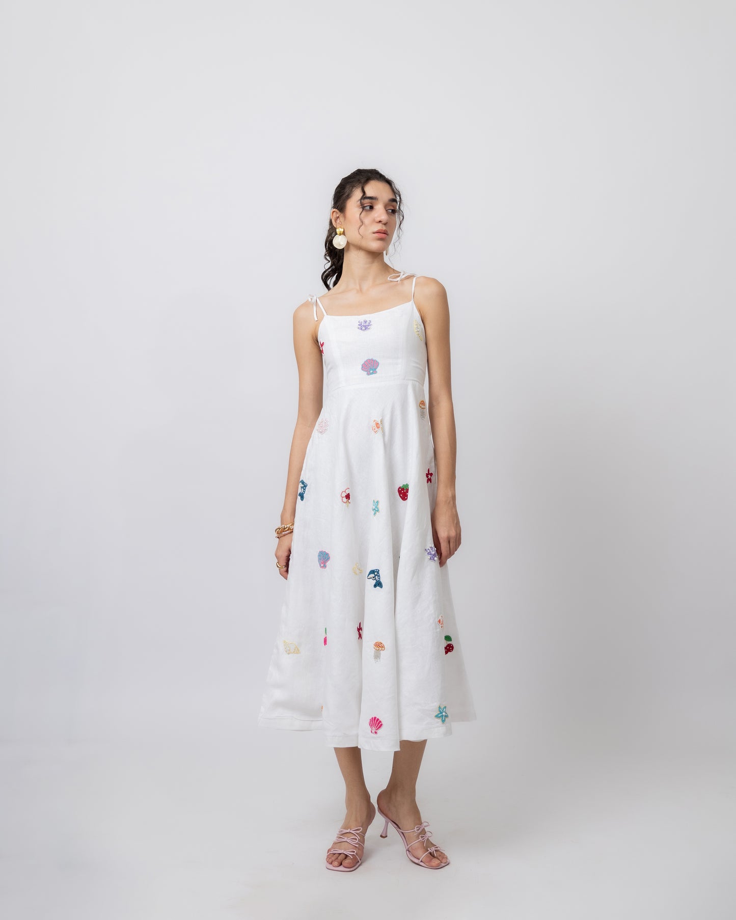 100% linen hand-beaded flared midi dress
