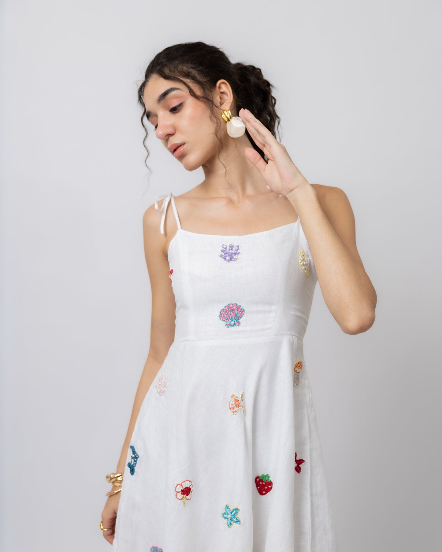 100% linen hand-beaded flared midi dress