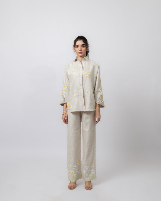 100% Linen long-sleeved embroidered shirt
