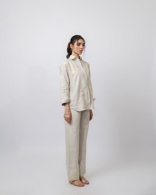 100% Linen long-sleeved embroidered shirt & high-waisted trousers co-ord